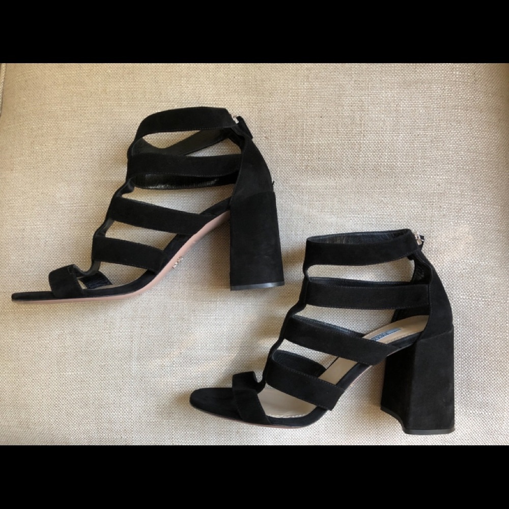 Prada Sandals Caged Block Heels Black Suede Zipper - Picture 5 of 7